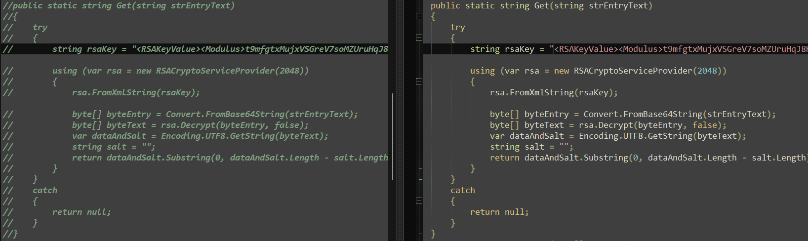 Figure 21. RedLine Stealer (left), and META Stealer (right) source code comparison