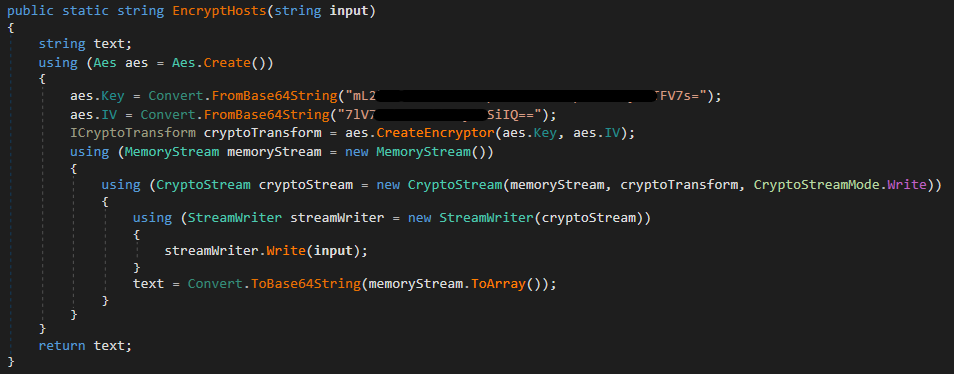 Figure 25. EncryptHosts function with hardcoded AES key and IV