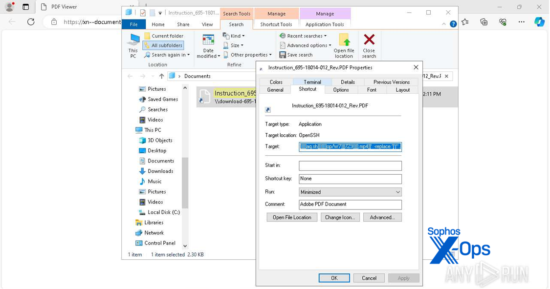 A view of the shortcut showing a great deal of obfuscation