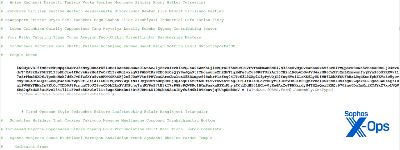 A large block of obfuscation with many amusing words, mainly concerning snacks