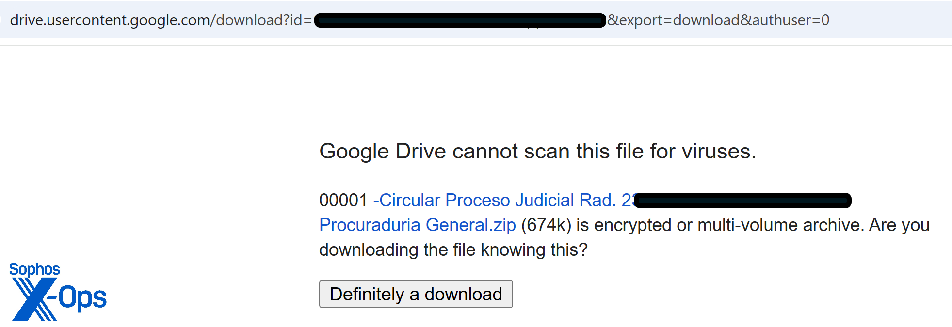 A warning from Google Drive that it cannot scan the file described in text for viruses, and that it is encrypted, or a multi-volume archive
