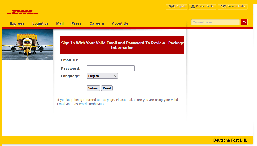 Phishing form imitating the DHL website